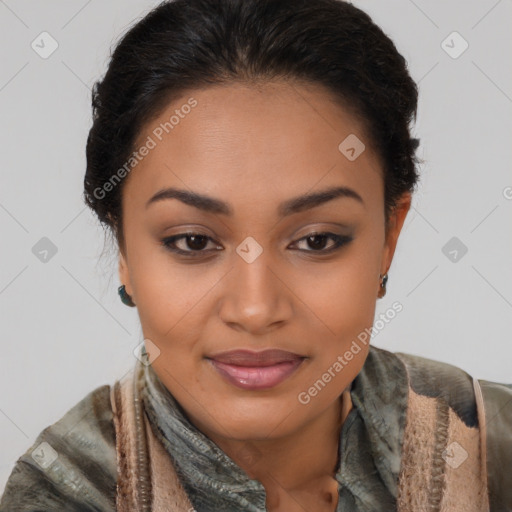 Joyful latino young-adult female with short  brown hair and brown eyes