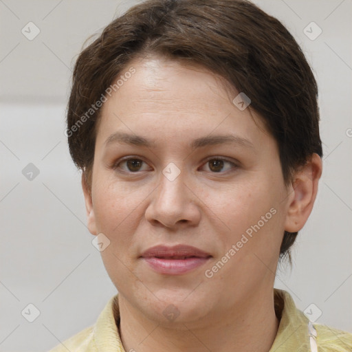 Joyful white young-adult female with short  brown hair and brown eyes