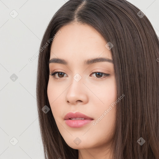 Neutral white young-adult female with long  brown hair and brown eyes