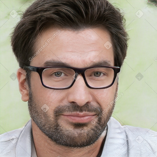 Neutral white adult male with short  brown hair and brown eyes