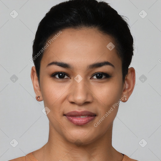 Joyful latino young-adult female with short  black hair and brown eyes