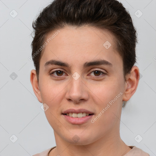 Joyful white young-adult female with short  brown hair and brown eyes