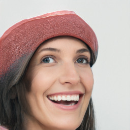 Joyful white young-adult female with long  brown hair and blue eyes