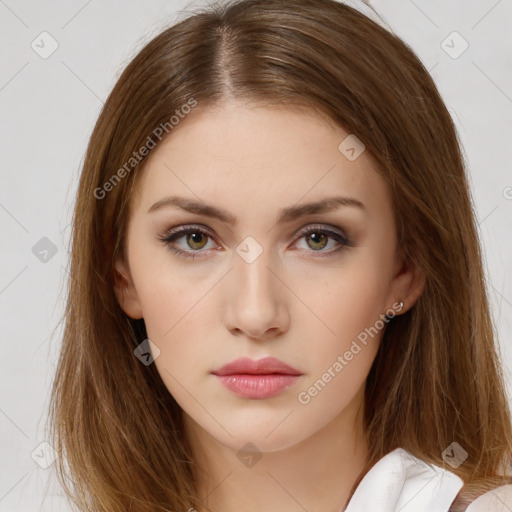 Neutral white young-adult female with long  brown hair and brown eyes