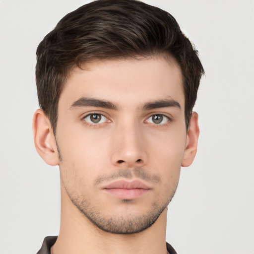 Neutral white young-adult male with short  brown hair and brown eyes