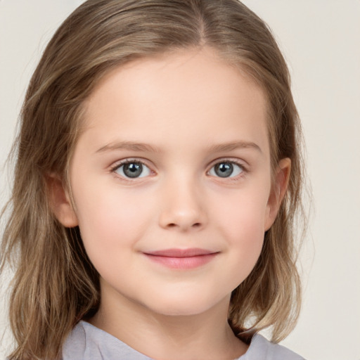 Joyful white child female with medium  brown hair and grey eyes