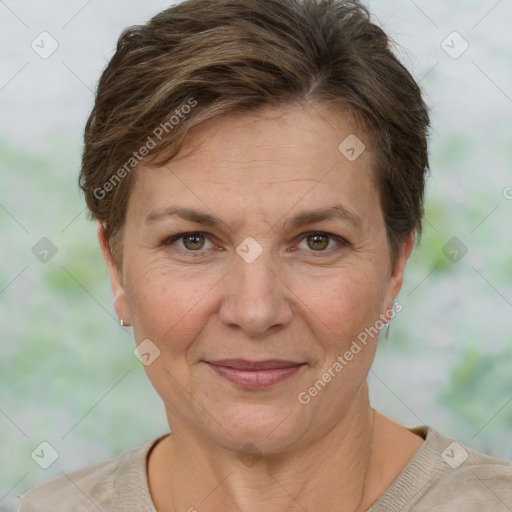 Joyful white adult female with short  brown hair and brown eyes