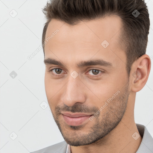 Neutral white young-adult male with short  brown hair and brown eyes