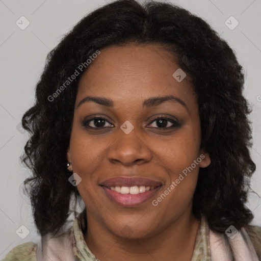 Joyful black young-adult female with medium  brown hair and brown eyes