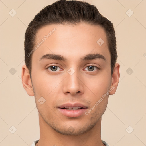 Neutral white young-adult male with short  brown hair and brown eyes