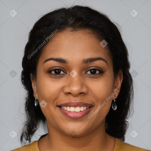 Joyful latino young-adult female with long  brown hair and brown eyes