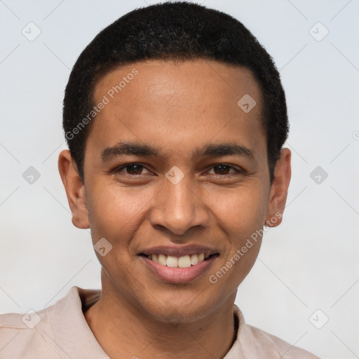 Joyful latino young-adult male with short  brown hair and brown eyes