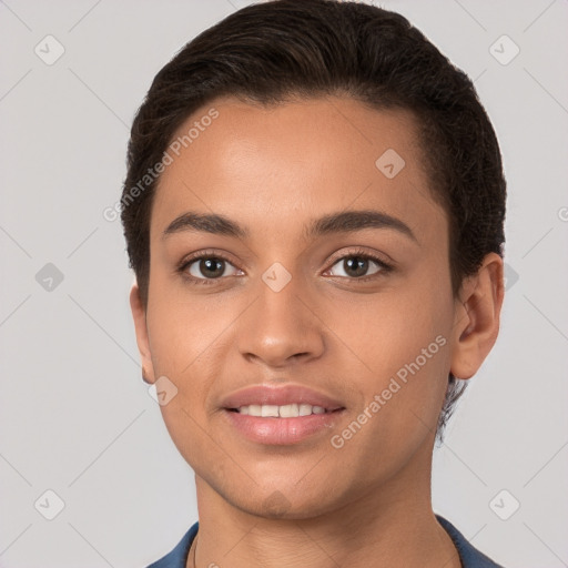 Joyful white young-adult female with short  brown hair and brown eyes