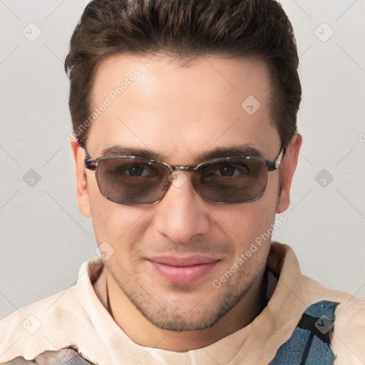 Joyful white young-adult male with short  brown hair and brown eyes