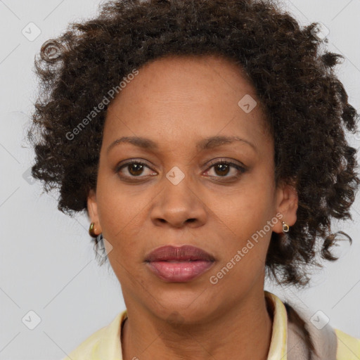 Joyful black adult female with medium  brown hair and brown eyes