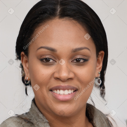 Joyful latino young-adult female with long  brown hair and brown eyes