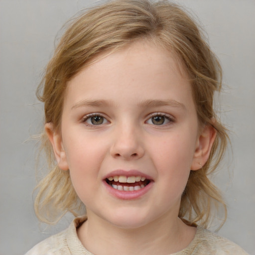 Joyful white child female with medium  brown hair and blue eyes