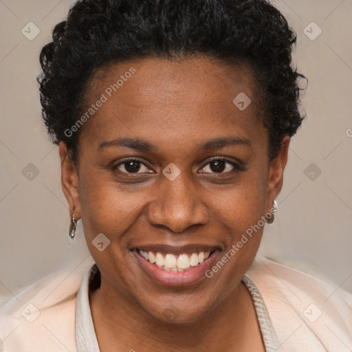 Joyful black young-adult female with short  brown hair and brown eyes