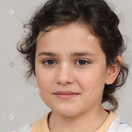 Joyful white child female with medium  brown hair and brown eyes