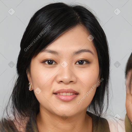 Joyful asian young-adult female with medium  black hair and brown eyes