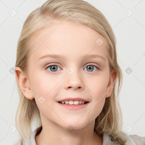 Joyful white child female with medium  brown hair and blue eyes