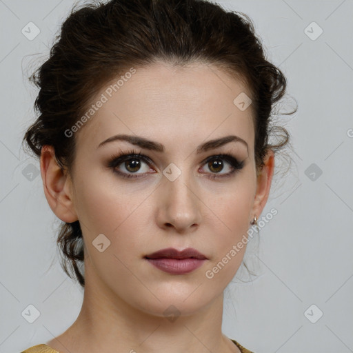 Neutral white young-adult female with medium  brown hair and brown eyes