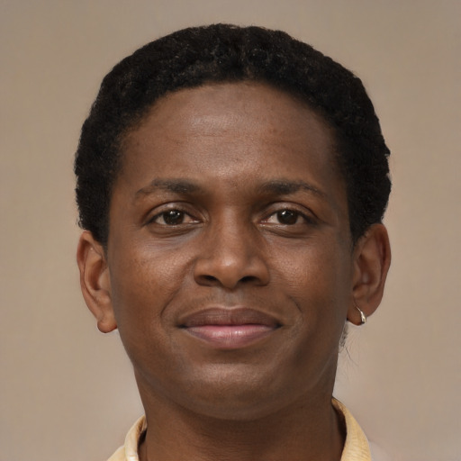 Joyful black young-adult male with short  brown hair and brown eyes
