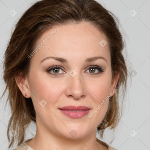 Joyful white young-adult female with medium  brown hair and green eyes