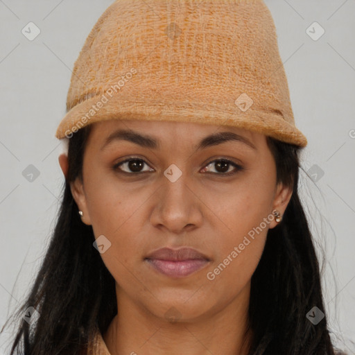 Neutral black young-adult female with long  brown hair and brown eyes