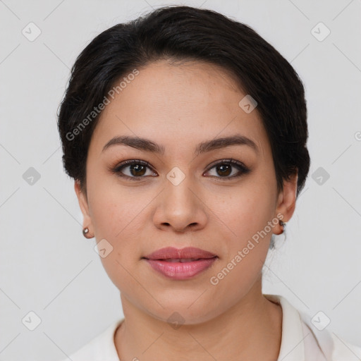 Joyful asian young-adult female with short  brown hair and brown eyes