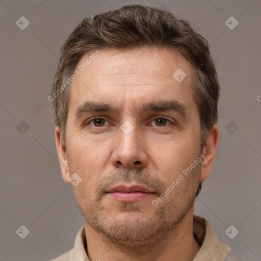 Neutral white adult male with short  brown hair and brown eyes