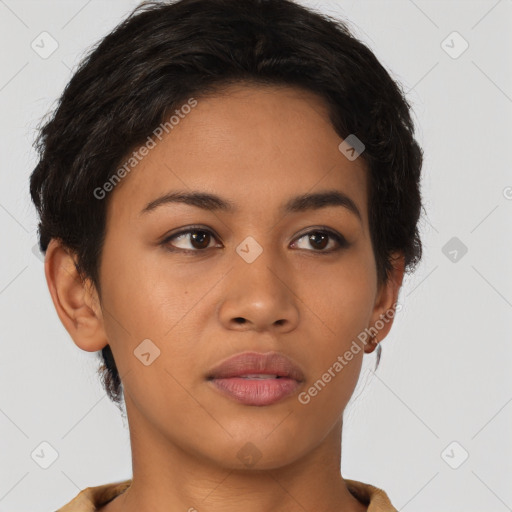 Neutral latino young-adult female with short  brown hair and brown eyes