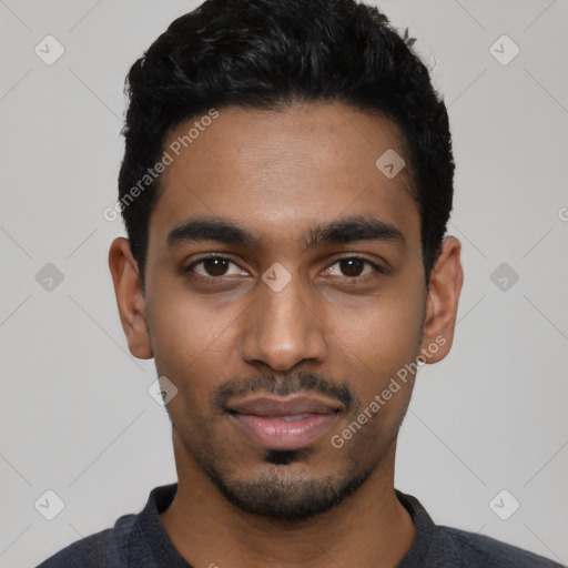 Neutral latino young-adult male with short  black hair and brown eyes