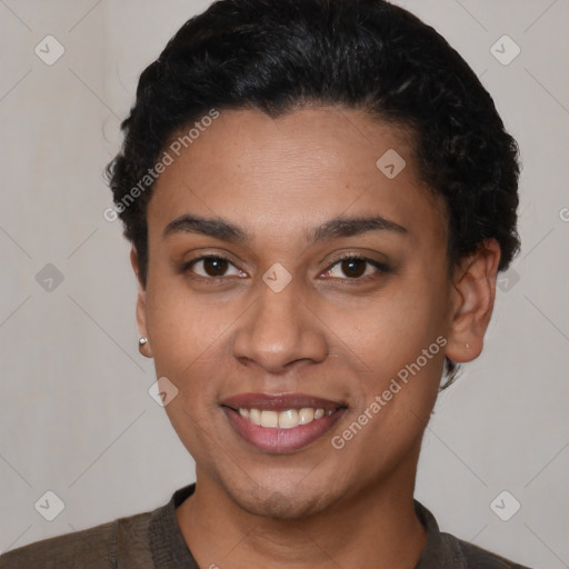 Joyful latino young-adult female with short  black hair and brown eyes