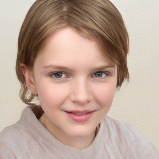 Joyful white child female with medium  brown hair and brown eyes