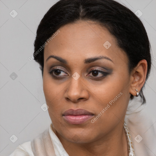 Joyful latino young-adult female with long  brown hair and brown eyes