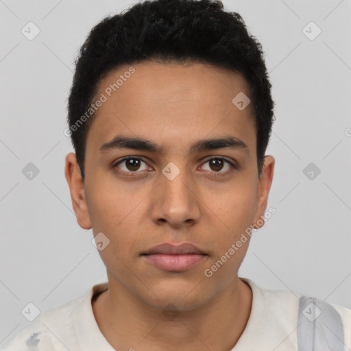 Neutral latino young-adult male with short  black hair and brown eyes