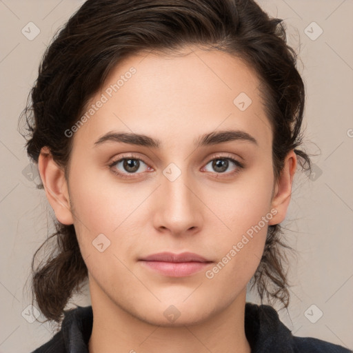 Neutral white young-adult female with medium  brown hair and brown eyes