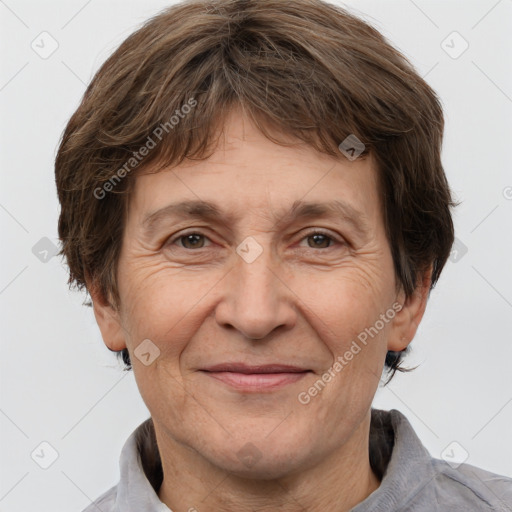 Joyful white adult male with medium  brown hair and brown eyes