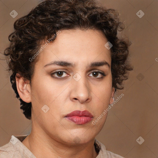 Neutral white young-adult female with short  brown hair and brown eyes
