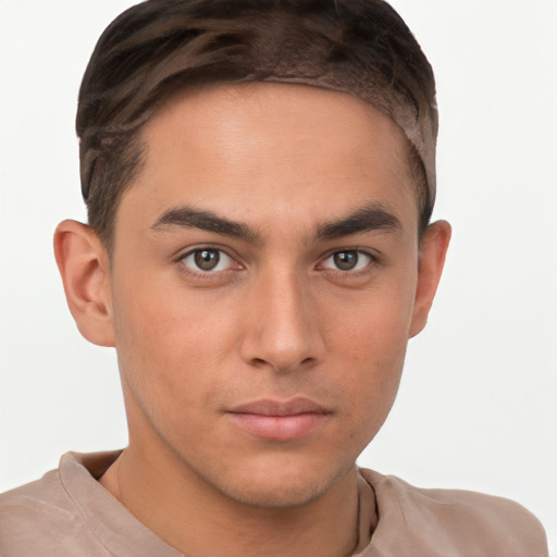 Neutral white young-adult male with short  brown hair and brown eyes