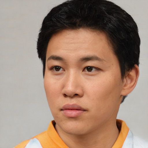 Neutral asian young-adult male with short  black hair and brown eyes