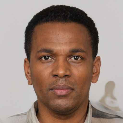 Neutral black adult male with short  black hair and brown eyes