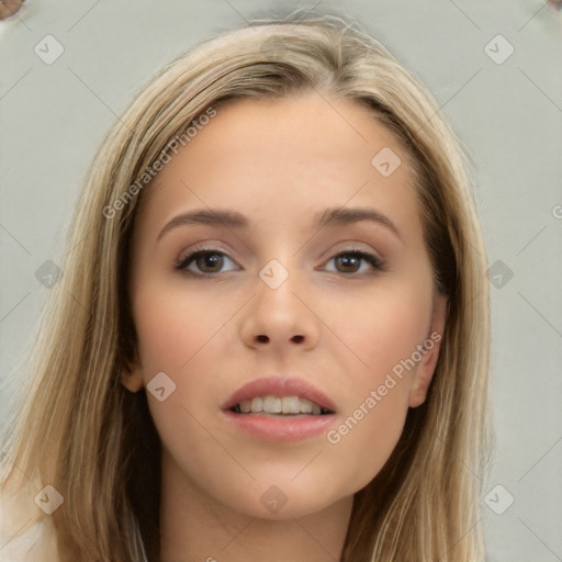 Neutral white young-adult female with long  brown hair and brown eyes