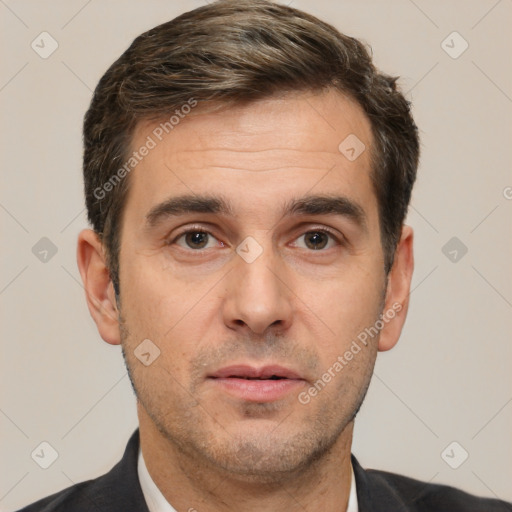 Neutral white adult male with short  brown hair and brown eyes