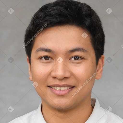 Joyful white young-adult male with short  black hair and brown eyes