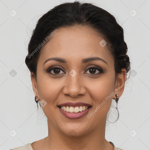 Joyful latino young-adult female with long  brown hair and brown eyes