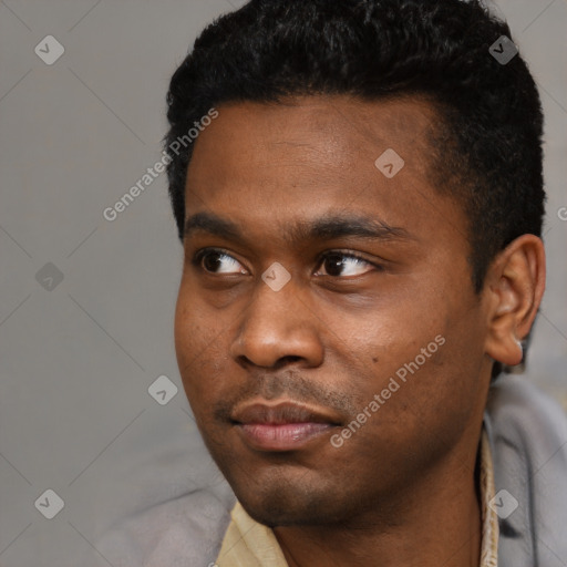 Neutral black young-adult male with short  black hair and brown eyes