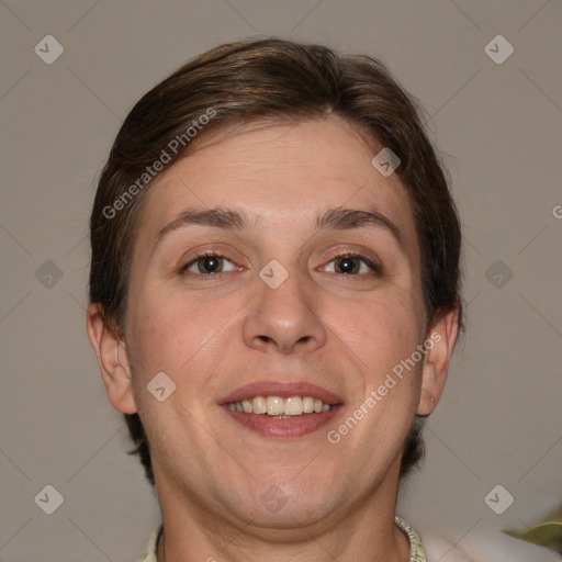 Joyful white adult female with short  brown hair and brown eyes