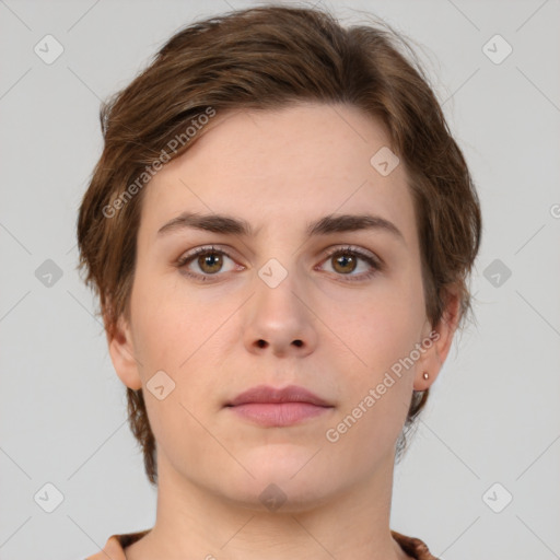 Neutral white young-adult female with medium  brown hair and brown eyes